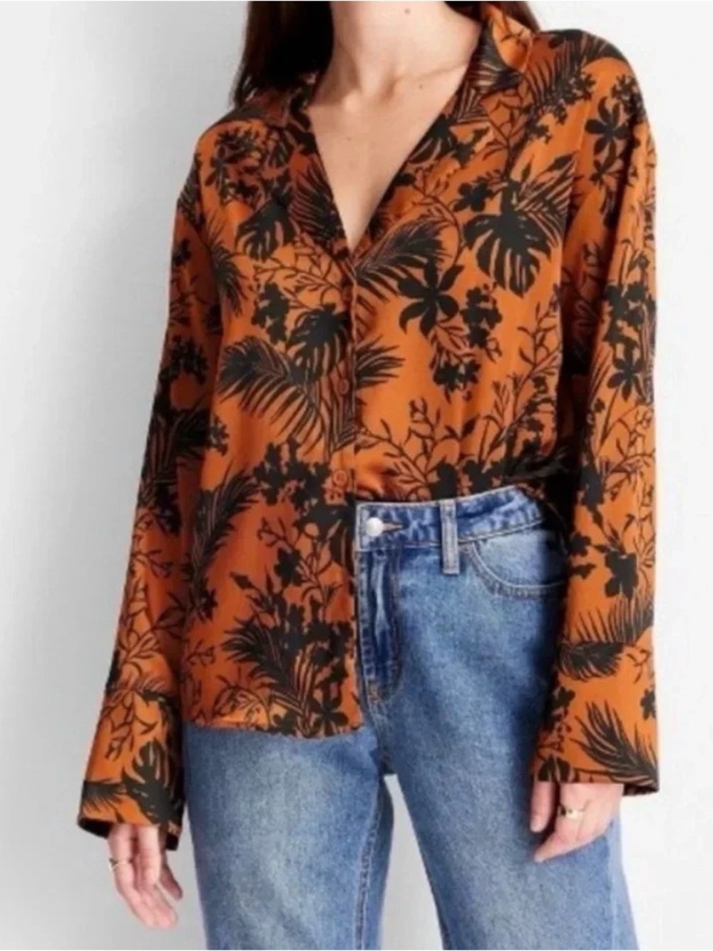 Future Collective, Kahlana Barfield Rust and Black Satin Floral Blouse Size L